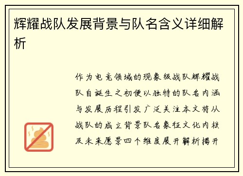 辉耀战队发展背景与队名含义详细解析